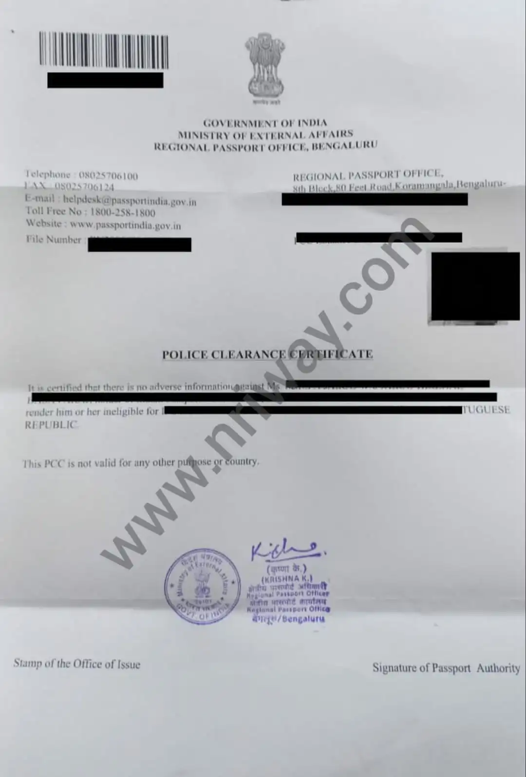 Police clearance certificate from India