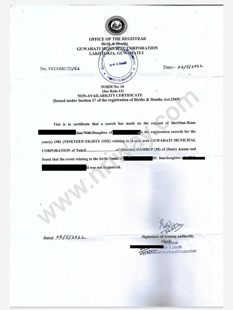 Non-Availability of Birth Certificate from Mumbai, Pune, Chennai, Delhi, Hyderabad, Kolkata, Bengaluru, India