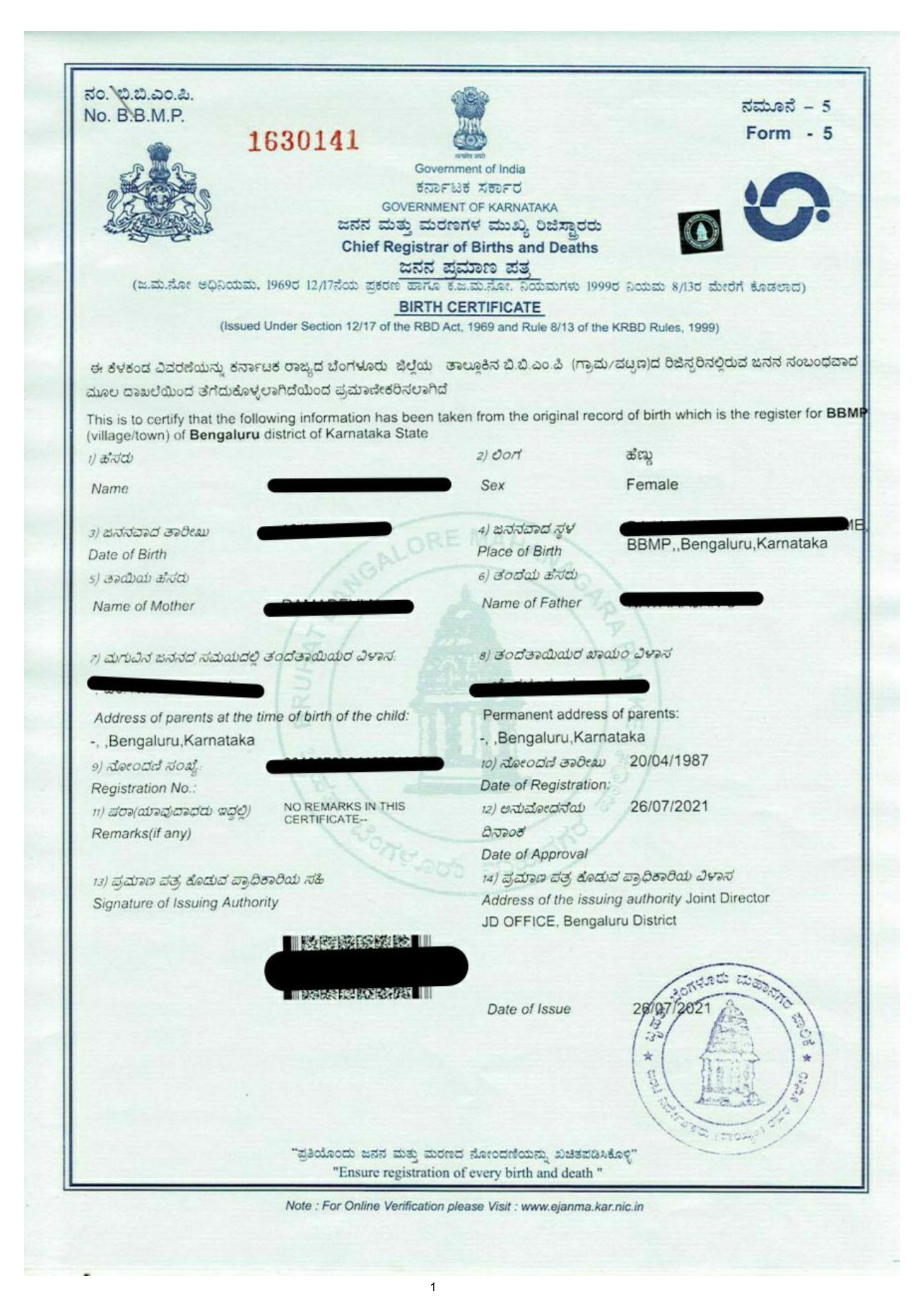 Birth Certificate in Bangalore